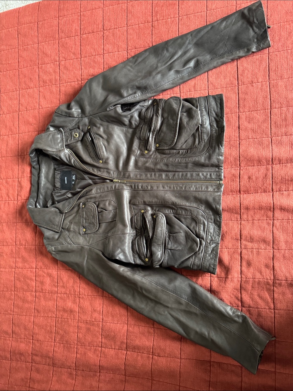 Women’s Dark Brown Leather Zip Jacket with Multi-Pocket Design